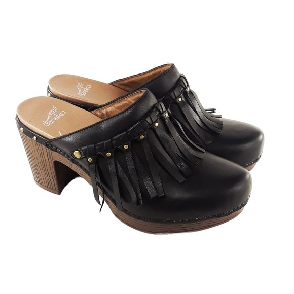 Dansko Shoes - Dansko NWOT Deni Black Leather Fringe Accent Heeled Clogs- Womens Sz 7/40